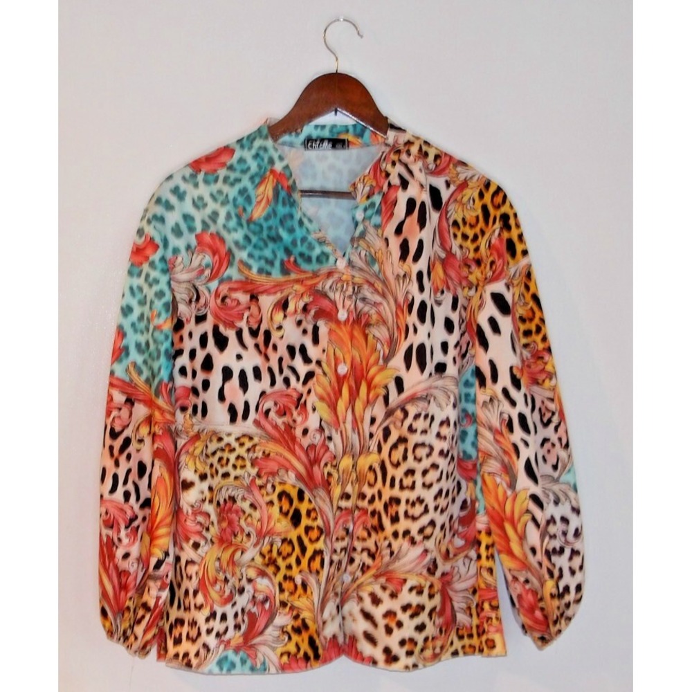 Chic Me Blouse/Top size Medium/14 Multicolor Animal , floral, 3/4 sleeves,#5132‎